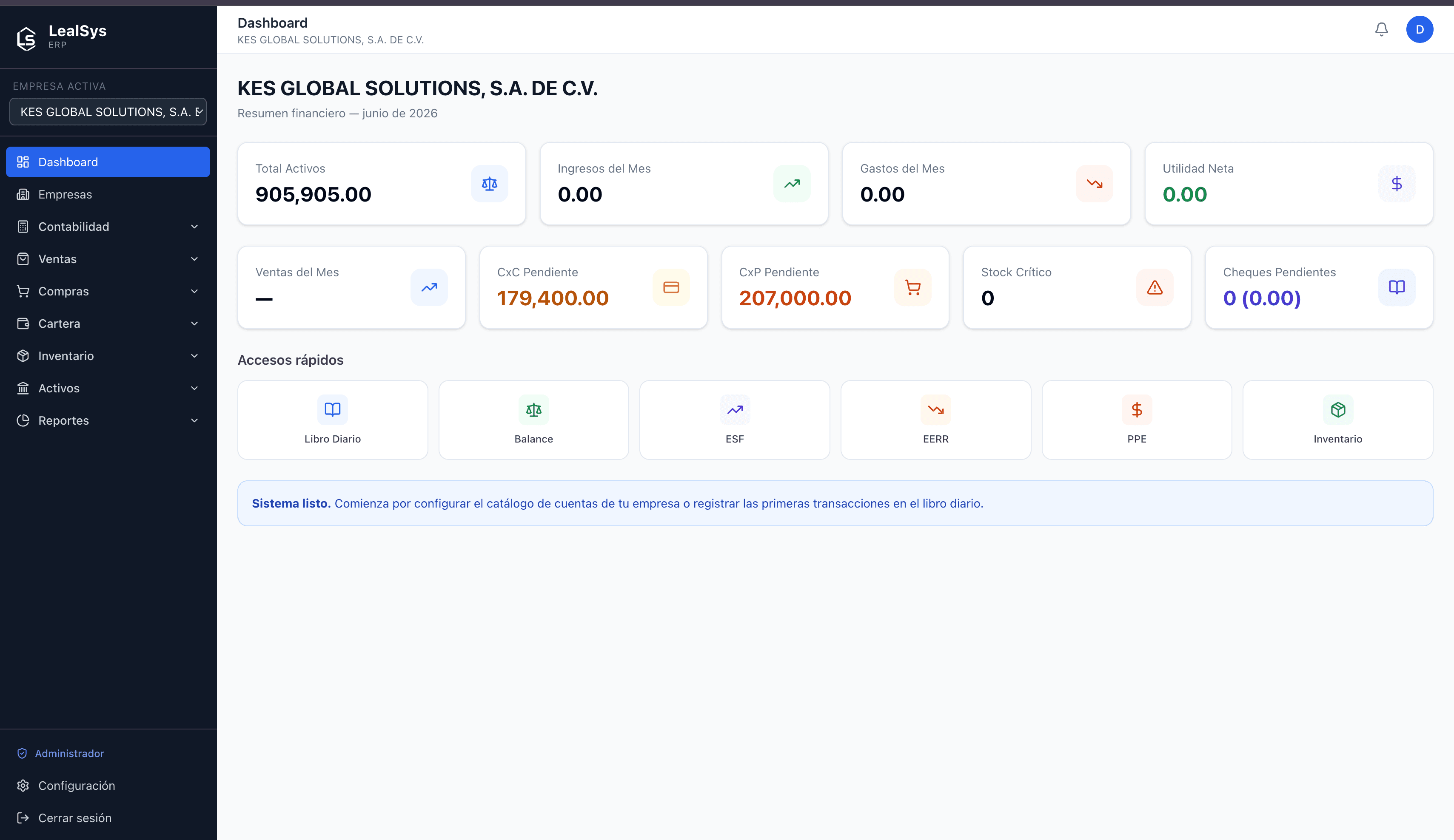 Dashboard de Lealsys ERP — resumen financiero, ingresos, gastos, cartera e inventario en tiempo real